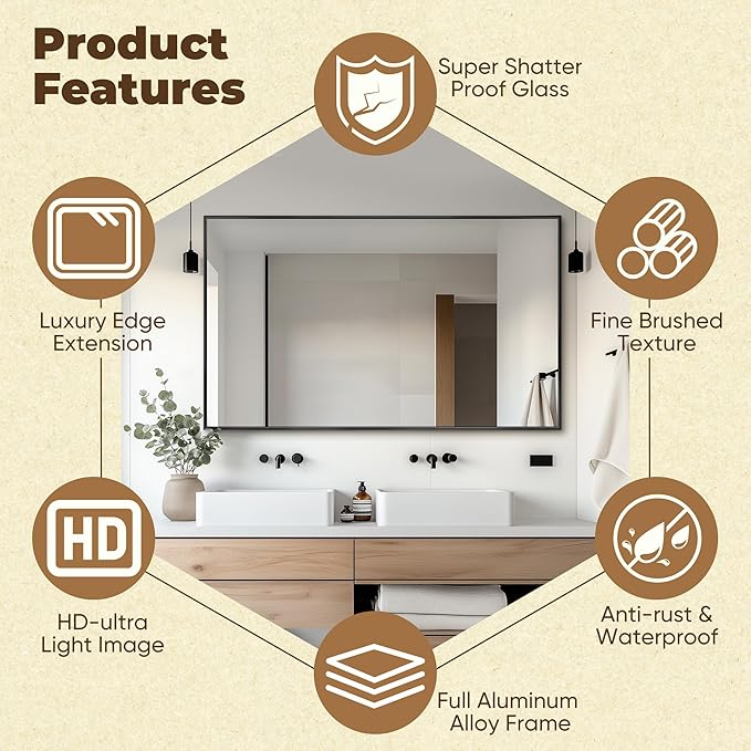 Antok 50x30 Black Metal Framed Bathroom Mirror, Wall Mirror with Rect Corners, Vanity Mirror for Over Sink, Anti-Rust Tempered Glass, Horizontal/Vertical Hanging for Bathroom, Living Room, Entryway