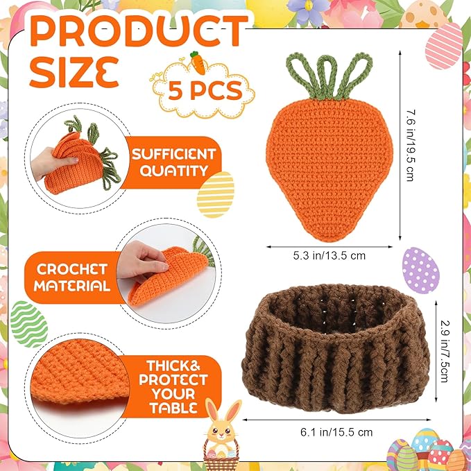 5 Pcs Easter Carrot Crochet Coaster Set with Basket 4.3 Inch Handmade Woven Carrot Cup Pad Mats Gift Kit for Holiday Kitchen Office Bar Desk Table Decoration