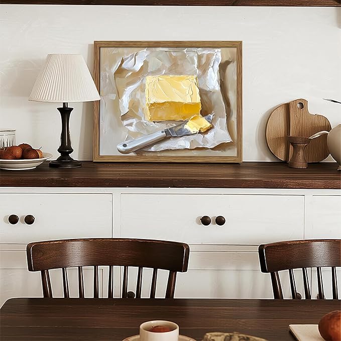 Framed Kitchen Wall Art, Vintage Butter Food Canvas Wall Decor Painting, Rustic Farmhouse Still Life Artwork Prints Pictures for Kitchen Dining Room Decorations 12x16 Inch