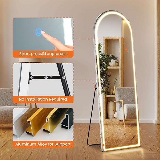 Sweetcrispy Arched Full Length Mirror with LED Lights, 63"x21" Lighted Floor Mirror with Dimming & 3 Color Lighting, Stand for Bedroom, Dressing Room