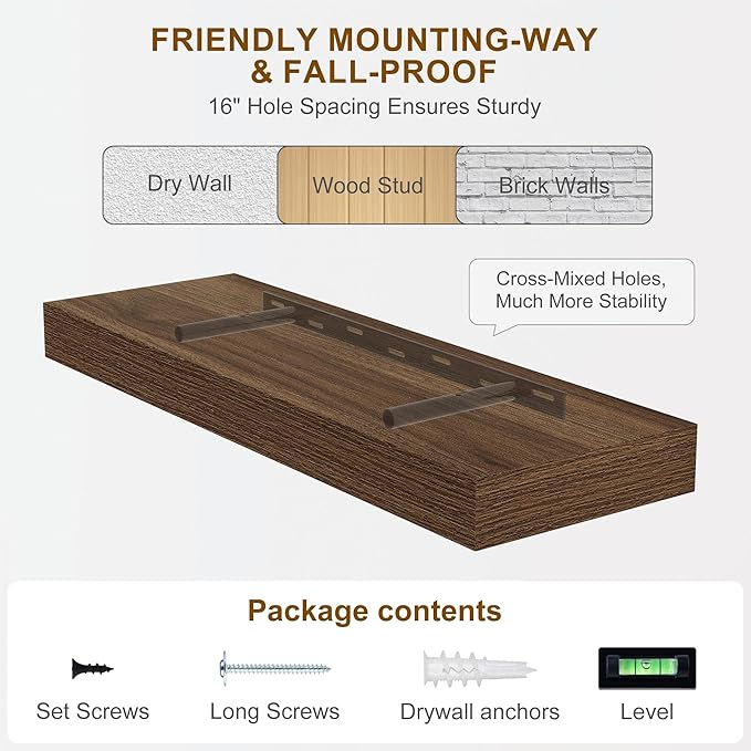 Fun Memories Floating Shelves for Wall, 20 Inch Floating Shelves Set of 2, Hanging Shelf with Invisible Brackets, Wood Shelves for Living Room, Bedroom, Kitchen, Walnut