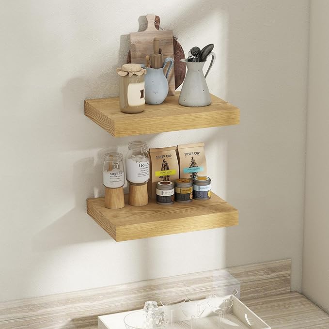 Fun Memories Floating Shelves for Wall, 12 x 16 Floating Shelf for Books, Rustic Wood Deep Storage Wall Shelf with Invisible Bracket - 16" Oak Shelves for Living Room & Bedroom, Set of 2