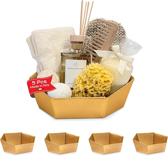 Pack of 5 Empty Baskets for Gifts - Containers Ideal for Christmas and Wedding - 8" x 6.69" x 2.75" Gold