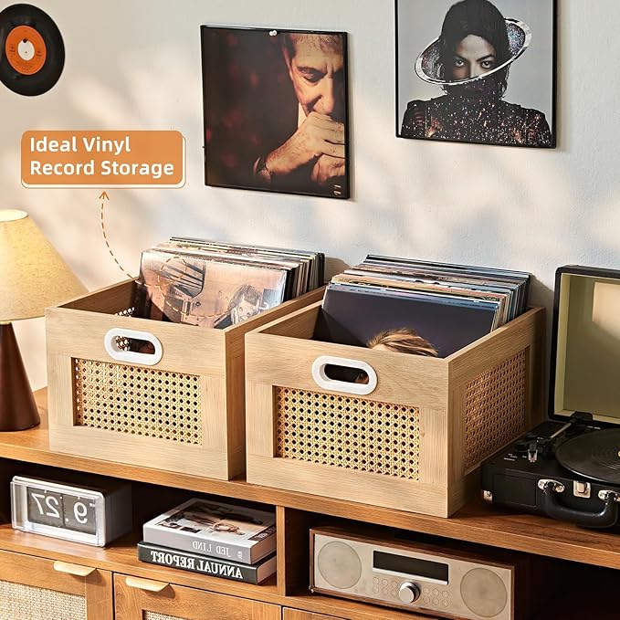 LELELINKY Vinyl Record Storage Crate, Rattan Vinyl Record Holder with Handle, Natural Wood Record Crate for Vinyls Holder up to 75 LP's, Desktop Cube Album Storage for Vinyls Records