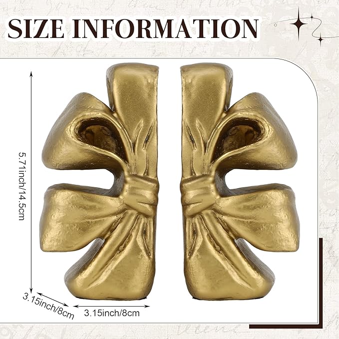 Vintage Gold Bow Bookend Set of 2 Heavy Duty Decorative Bowknot Book Ends Resin Bookends with Non Slip Felt Base Muted Matte Book Stopper Holder Shelf Organizer for Desk Home Office Decor