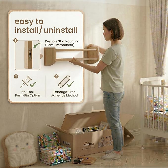 Nursery Bookshelf Set of 2, 16” Nursery Book Shelves Wall Mounted, Wooden Floating Shelves for Nursery Wall, Baby Book Shelf for Nursery, Kids Wall Bookshelf Organizer with Support Rod, Space Saving
