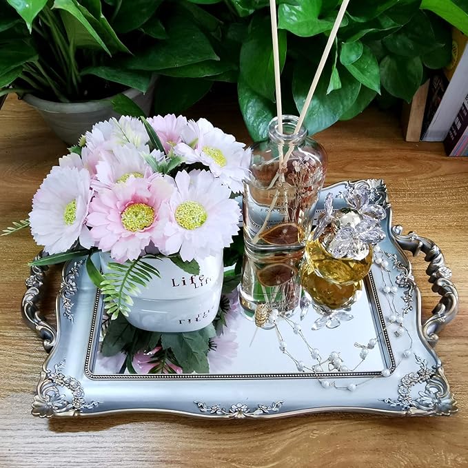 Rectangle Decorative Mirror Tray, French Style, Makeup Organizer, Jewelry Organizer, Serving Tray, 9.5"x 14.9", Golden Silver