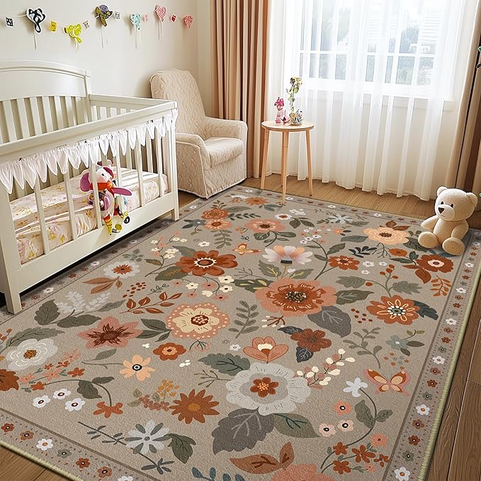 RELEANY Floral Nursery 9x12 Area Rugs Washable Print Boho Cute Carpet Non Slip Flower Low Pile for Living Room Kids Girls Playroom Bedroom Kitchen Office Farmhouse-Brown/Brick