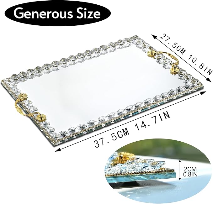 kanpura Large Crystal Tray Modern Glass Mirror Jewelry Trinket Trays with Diamond, 14.7" x 10.8" Rectangular Makeup Perfume Tray for Bathroom Bedroom, Hotel Banquet, Party (Golden)