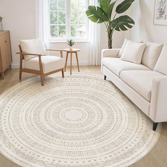 cotiled 8x8 Round Area Rug Living Room: Washable Boho Rugs with Non Slip Backing Large Soft Indoor Stain Resistant Carpet for Bedroom Farmhouse Dining Room Lightweight Home Decor Brown/Cream