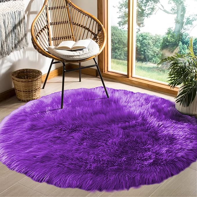 Goolela Purple Sheepskin Round Rug 6ft Fluffy Circle Fuzzy Faux Fur Carpet for Bedroom Living Room Plush Luxury Shaggy Washable