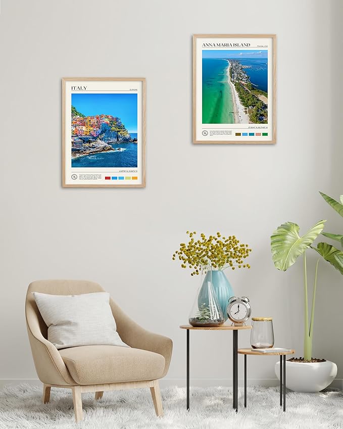HesenDot Natural OAK Wood Framed Cinque Terre National Park Wall Art,12x16in Italian Natural Seascape Canvas Wall Print,Classic Urban Landmark Wall Decor for Living Room, Bedroom,Office Set of 1