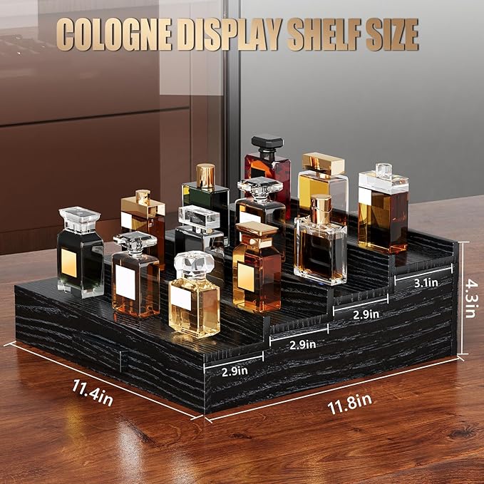 Solid Walnut Cologne Organizer for Men,Cologne Stand,4 Tier Wooden Cologne Holder Shelf Display,Perfume Stand Organizer with Drawer and Hidden Compartment,Gift for Men Dad Husband,Black