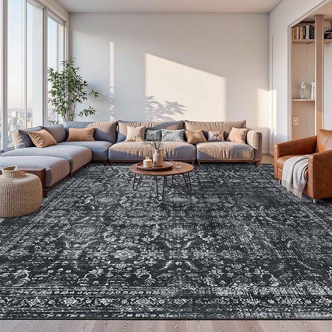 Rugxara 10x14 Area Rugs for Living Room Bedroom, Large Washable Rug, Black Vintage Floral Boho Rug, Non Slip & Low Pile Faux Wool Thin Carpet for Indoor Dining Room and Kids Room(Black 10x14ft)