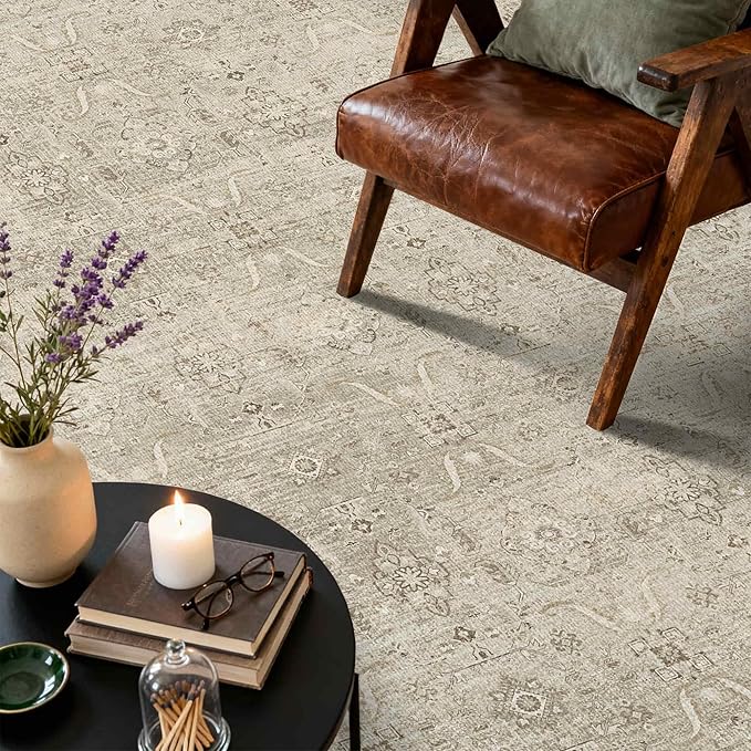Rugxara 8x10 Area Rugs for Living Room Bedroom, Beige Large Washable Neutral Rug, Vintage Floral Retro Boho Non Slip & Low Pile Carpet for Indoor Dining Room, Classroom, Dorm, Nursery and Kids Room