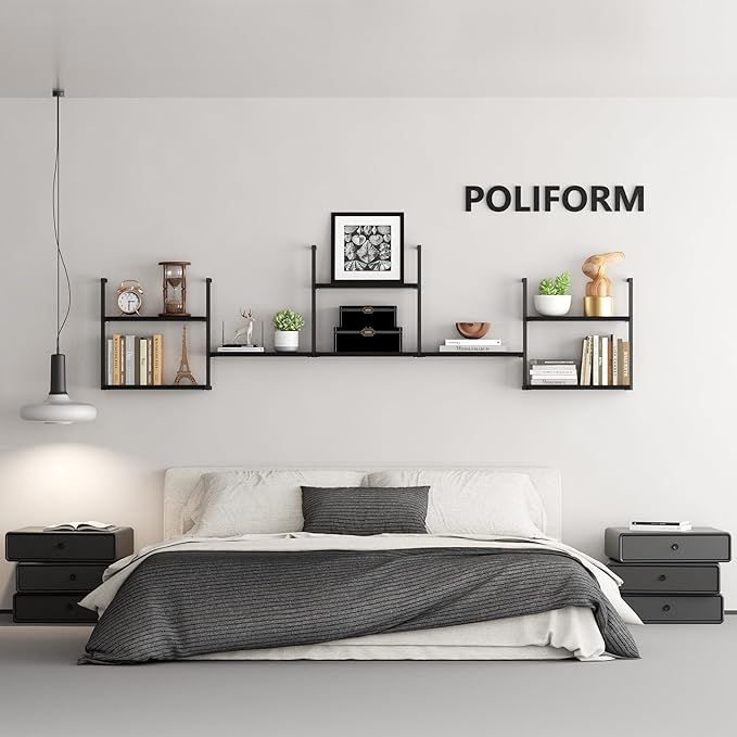 Wall Mounted Bookshelves, 80″ Floating Shelves for Wall, 8-Tier Wooden Hanging Bookshelf, Easy Installation Book Organizer for Home Office, Living Room, and Bedroom