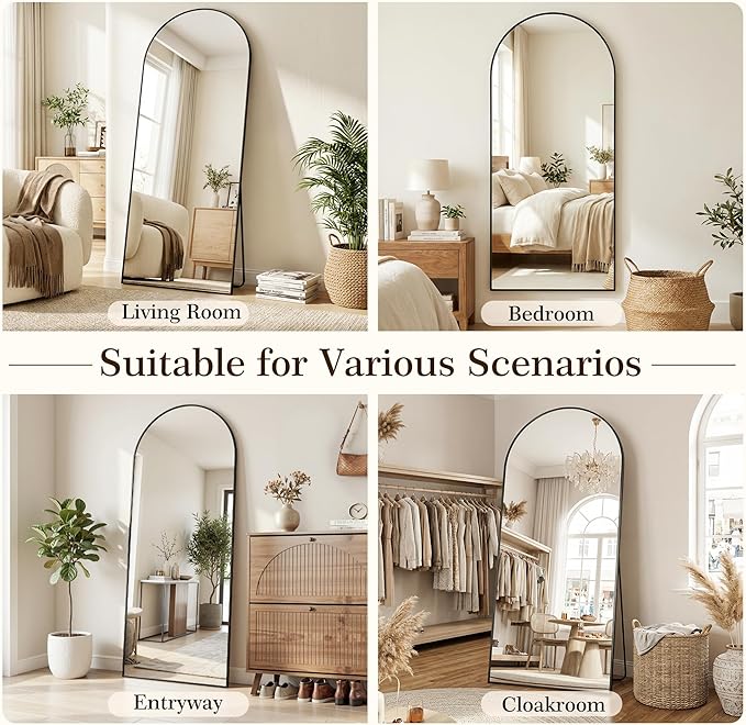 58"x18" Arched Full Length Mirror with Stand, Free Standing Leaning Wall Mounted Aluminum Alloy Frame Mirror for Bedroom Living Room Cloakroom, Black