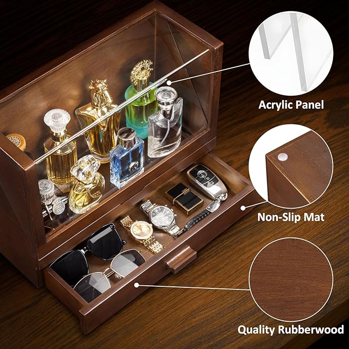 Miratino Cologne Organizer for Men, Wood Cologne Stand with Drawer, Large Capacity Cologne Shelf with Cologne Holder Display Large Storage Size15.6 * 11.8 * 6.1in