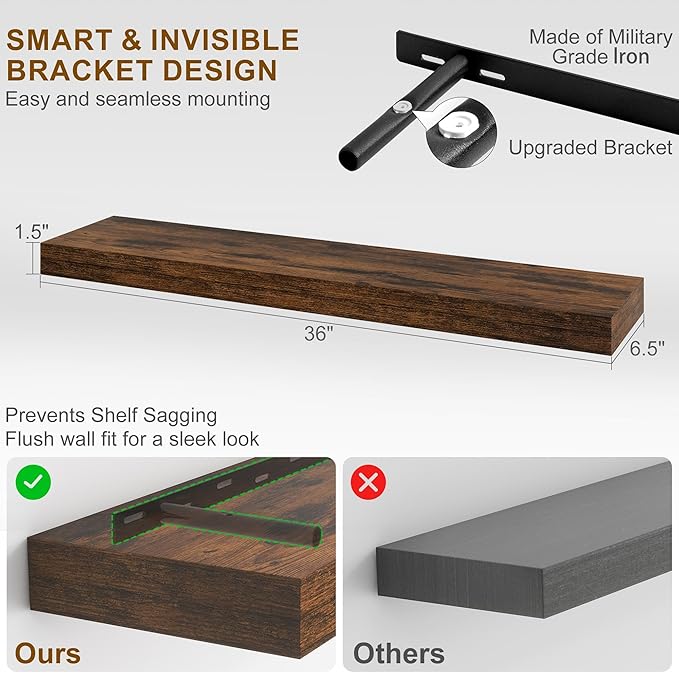 Fun Memories Floating Shelves for Wall, 36Inch Floating Shelves Set of 2, Hanging Shelf with Invisible Brackets, Bathroom Shelves for Living Room, Bedroom, Kitchen- Brown