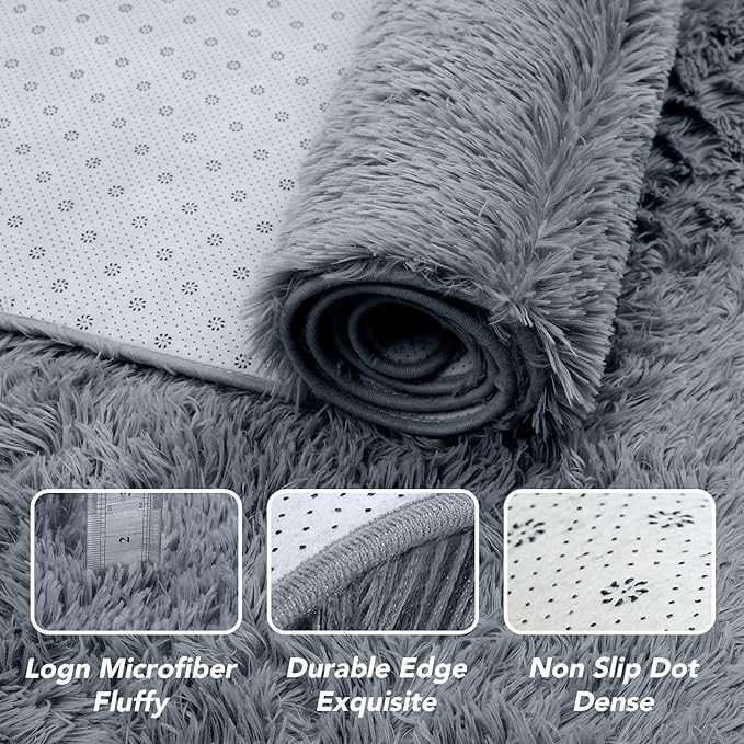 Fluffy Area Rug for Bedroom: Grey Plush Soft Bedside Dorm Area Rug - Small Carpets for Bedroom Kids Room Nursery (Grey, 3x5Feet)