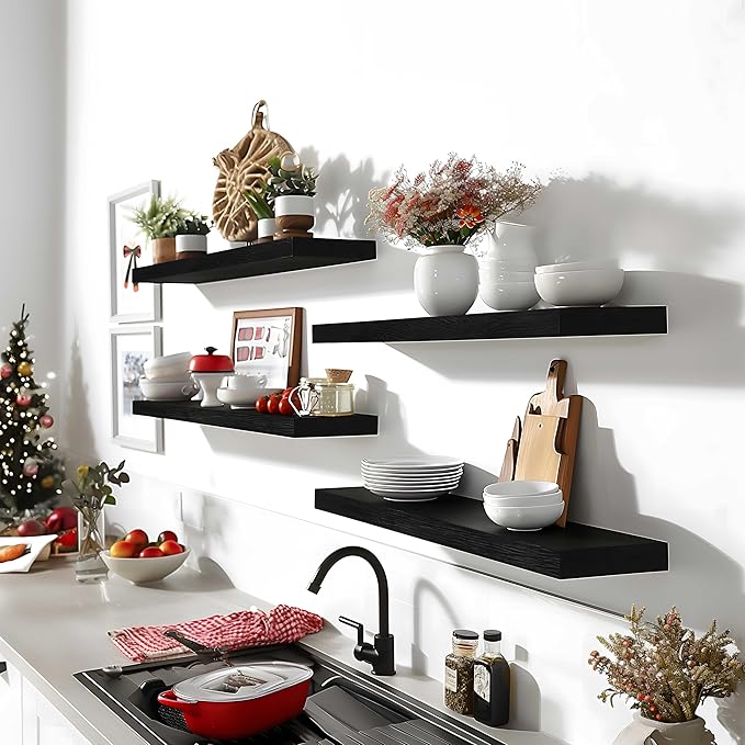 GXYAWPJ 24 Inch Floating Shelves for Wall Rustic Black Wood Wall Shelves for Bedroom Set of 4