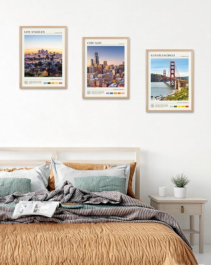 HesenDot Natural OAK Wood Chicago Cityscape Framed Wall Art,12x16in City Skyline Canvas Wall Print,Modern Urban Landmark Wall Decor for Living Room,Bedroom,Office Gallery Gifts Set of 1