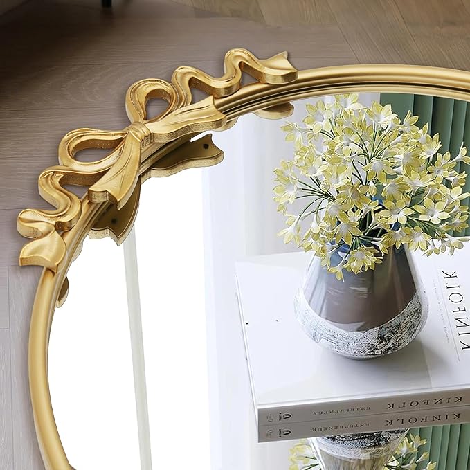 Besdomus Vintage Gold Mirror: 27" Bow Round Wall Mounted Mirror - Baroque Traditional Ornate for Entryway/Fireplace/Bathroom/Hallway - Home Decor for Fashion-Conscious