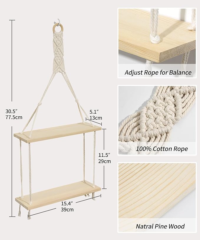 Afuly Macrame Wall Hanging Shelf Boho Floating Shelves Cotton Rope Rustic Home Decor 2 Tiers Plant Hanger Photo Display Tissue Towel Storage Organizer for Living Room Bedroom Bathroom Hallway, Beige