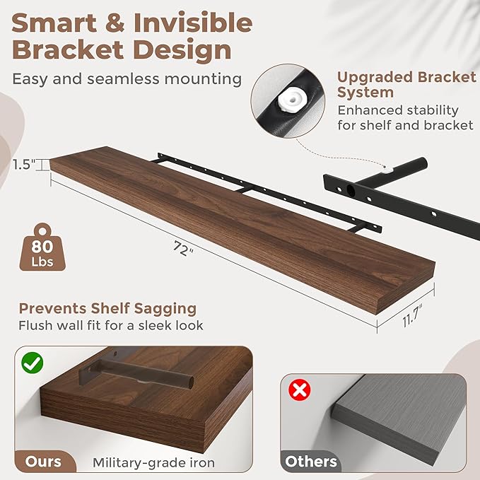 72 Inch Floating Shelves for Wall with Invisible Brackets Set of 2, 12"D Engineered Wood Wall Shelves with Wood Grain for Living Room, Bedroom, Bathroom, Kitchen Decor and Storage, Walnut Finish