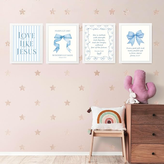 LARTSFRO Coquette Blue Bow Jesus Wall Art Decor Posters, Light Blue Bow Room Bedroom Bathroom Dorm Wall Art Decor Aesthetic for College Teen Girls Gifts, Inspirational Bible Verses Bow Wall Decor, 10x8 Inch Set of 4 Bow Pictures (WHITE FRAMED)
