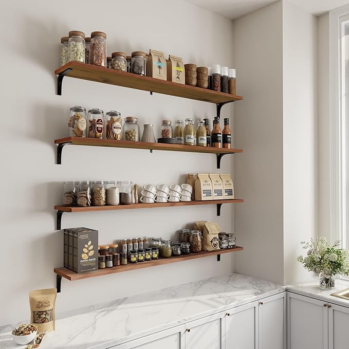 12 Inch Deep Floating Shelves Set of 4, 60 Inch Extra Long Brown Solid Wood Wall Shelves, 5ft Heavy Duty Farmhouse Wall Mounted Shelving for Kitchen, Living Room & Bedroom
