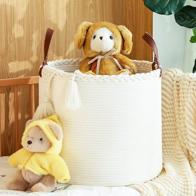 KAKAMAY Large Blanket Basket (18"x16"),Woven Baby Laundry Hamper,Cotton Rope Blanket Basket for Nursery, Laundry, Living Room, Pillows, Baby Toy chest with Leather Handles (White)
