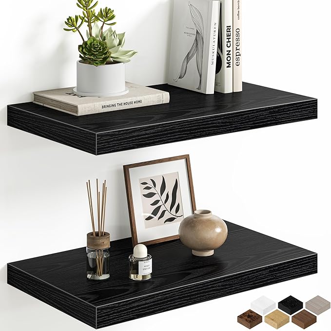 Floating Shelves Set of 2, 12 Inch Deep Floating Shelves with Heavy Duty Brackets, 20'' Rustic Black Wood Wall Mounted Shelf for Bathroom, Bedroom, Living Room & Kitchen, Modern Home Decor Storage