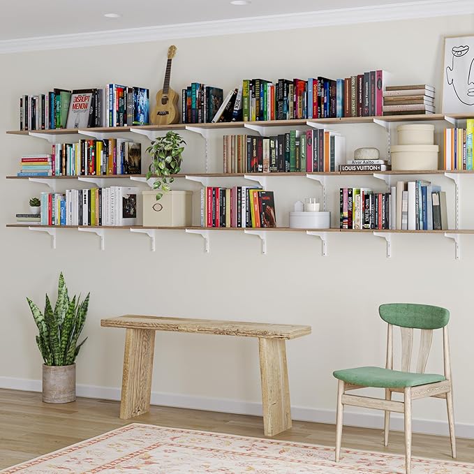 Wallniture Turin 48"x 10" Rustic Floating Wall Storage Shelf, Wall Book Shelves with Adjustable Metal White Brackets, Storage Shelving Unit, Garage, Pantry, Burnt