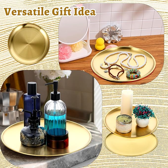 6 Pack Gold Tray Decorative Serving Decorative Gold Jewelry Bar Jewelry Dish Key Bowl Mirror Dresser Vanity Tray Makeup Organizer for Bathroom Candle Perfume Countertop(12 Inch)