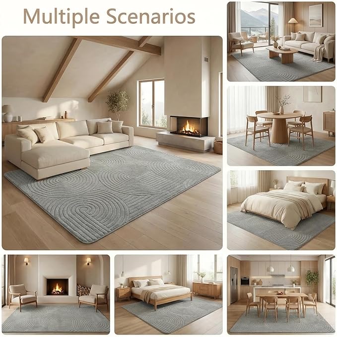 Grey 5x7 Solid Color Area Rugs – Washable Living Room Rug, Modern Geometric Non-Slip Indoor Carpet with Soft High-Low Pile, Fluffy Floor Rugs for Bedroom, Kids Room, Nursery, Home Décor