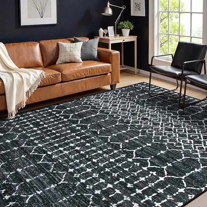 Lahome Moroccan Black Area Rugs 6x9 Living Room - Non-Slip Backing Ultra-Thin Large Throw Stain Resistant Dining Room Rugs for Under Table, Geometric Print Modren Soft Carpet for Bedroom Office Hana
