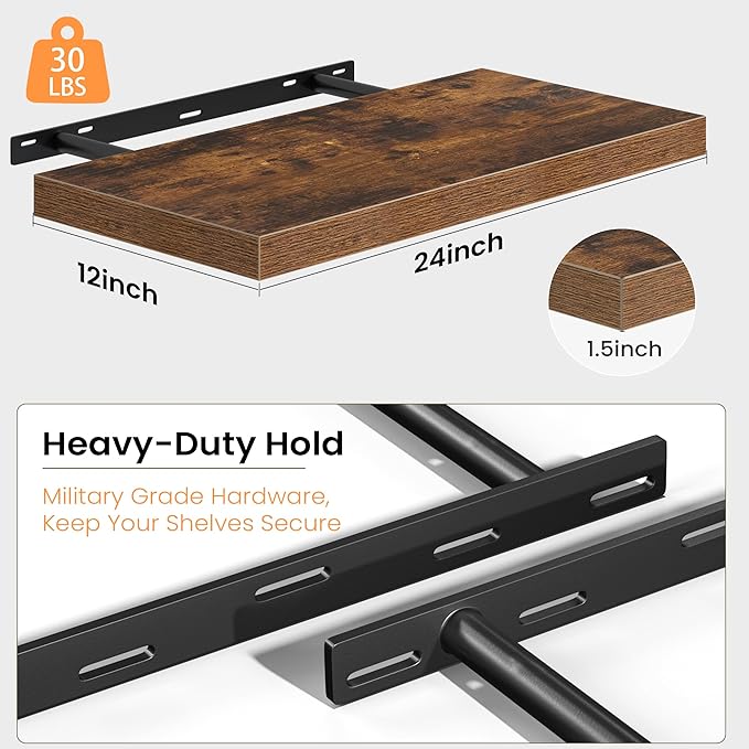 Floating Shelves for Wall, 24 Inch Floating Shelves Set of 2, Wall Mounted Rustic Wood Shelf for Bathroom, Living Room, Bedroom and Kitchen, Hanging Shelf for Storage, Books, Home Decor, Brown