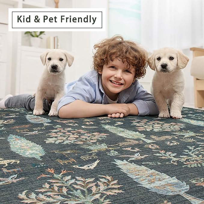 Srugn Washable Rugs 8x10 Area Rugs for Living Room,Bedroom,Dining Room- Large Ultra Soft Faux Wool Retro Carpet,Non Slip&Non-Shedding Low Pile Vintage Print Rug for Home Office Dorm-Dark Green
