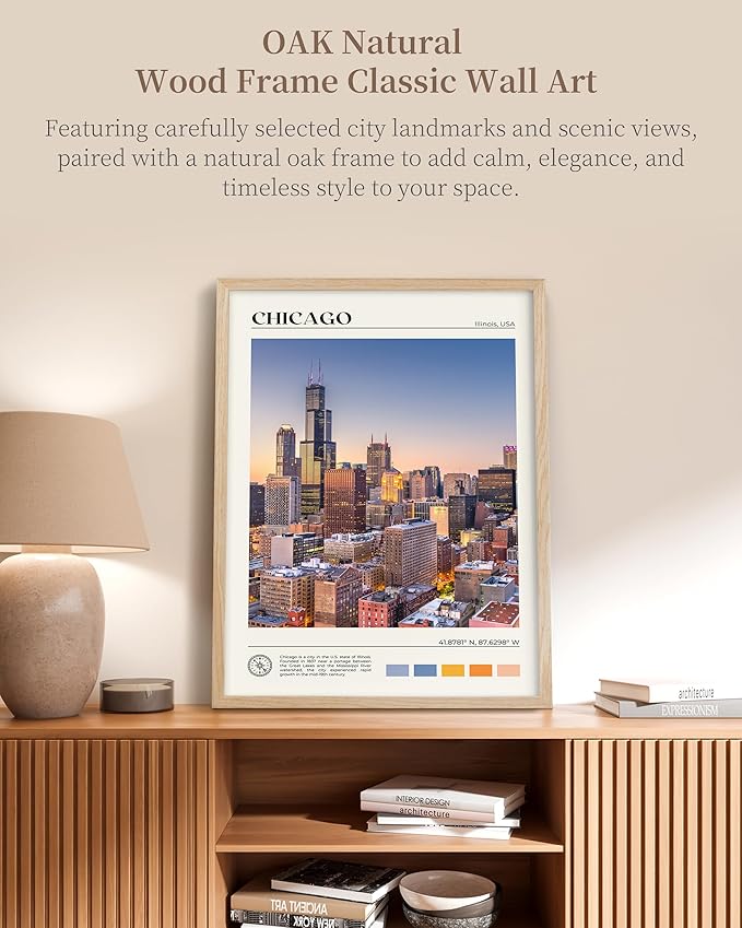 HesenDot Natural OAK Wood Chicago Cityscape Framed Wall Art,12x16in City Skyline Canvas Wall Print,Modern Urban Landmark Wall Decor for Living Room,Bedroom,Office Gallery Gifts Set of 1