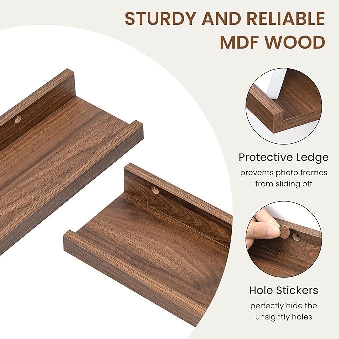 Heimlove Picture Ledge Shelf, Small Floating Shelves Set of 2, 16 Inches Picture Shelf for Wall with Ledge, Kids Bookshelf Wall Mounted for Living Room Bedroom Decor，Walnut Color