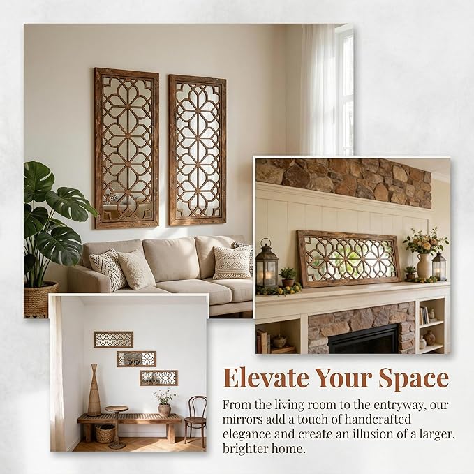 Set of 2 13x30 Inch Large Redbrown Shatterproof Carved Floral Wood Frame Wall Mirrors, Boho Farmhouse Rustic Accent Mirrors for Living Room Bedroom Bathroom & Home Decor