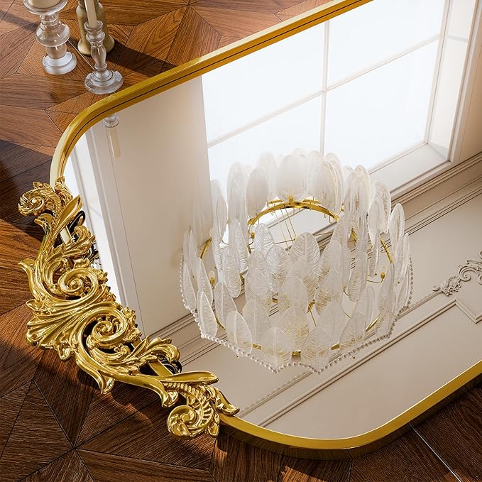 GLSLAND 77"x 38" Vintage Full Length Mirror - Large Carved Floor Mirror with Metal Frame Baroque Arched Full Body Mirrors for Bathroom/Living Room/Entryway,Gold