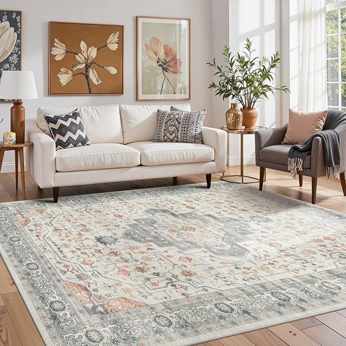 Rugxara 5X7 Taupe Washable Area Rug for Living Room, Vintage Boho Rugs for Office, Dining Room, Kids Room, Farmhouse, Low Pile Non Slip Carpet for High Traffic Areas