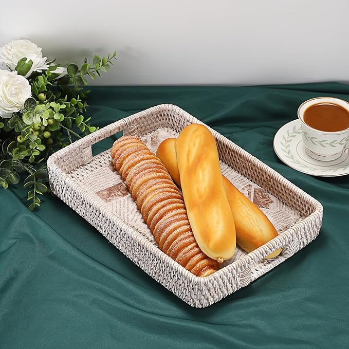 Hipiwe Rattan Serving Tray with Handles Handwoven Basket Tray for Storage Breakfast Dessert Fruit Decorative Tray for Coffee Table, Whitewash