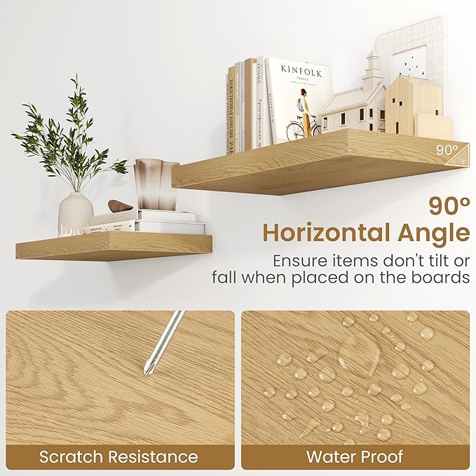 Fun Memories Floating Shelves 24 Inch Long, 9.3 Inch Deep Floating Shelf for Lving Room, Bedoom, Kitchen, Deep Wall Shelves for Bathroom, 2 Pack Storage Display Shelf for Books, Decors, Oak