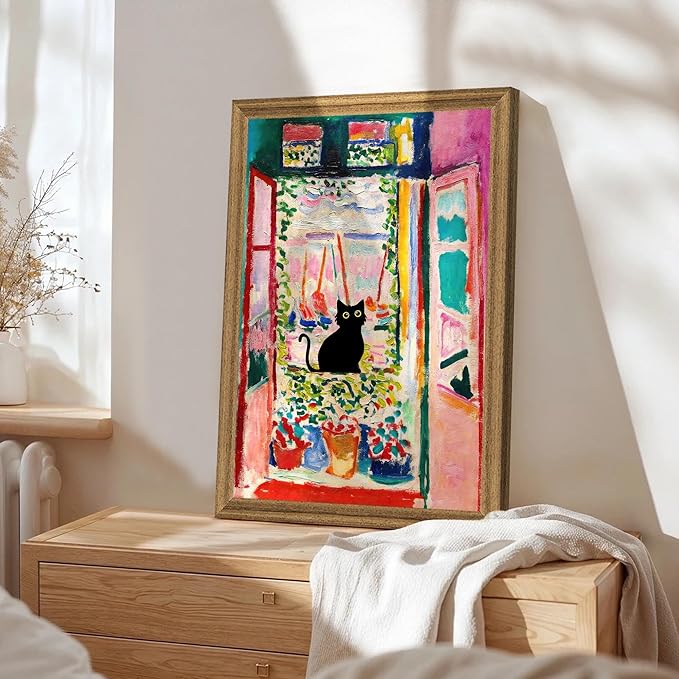 Fantasy Artists Henri Matisse Cat Wall Art, Framed Open Window Black Cat Canvas Poster Prints, Abstract Aesthetic Wall Decors for Living Room, Oil Paintings for Room Bathroom Decorations 20" X 30"