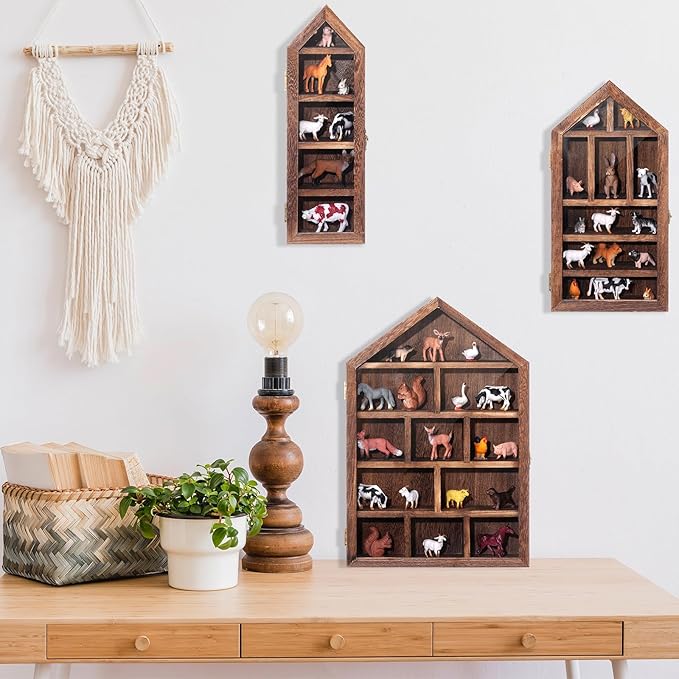DoubleFill Set of 3 Wooden Trinket Display Shelf Shadow Box with Shelves 10 x 15 Inch Large Wall Mounted Display Storage Mini Figures Curio Trinket Medals Crafts Collections(Brown,House Shape)