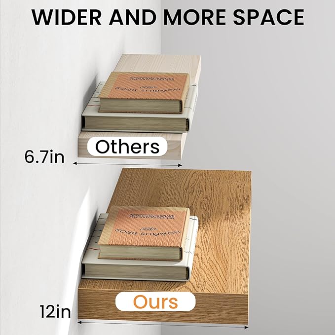 Oak Floating Shelves 48Inch Long, 12 Inch Deep Floating Shelves for Wall, 48 x 12 Large Floating Shelf for Fireplace Mantel, 2" Thicked Rustic Wall Shelves for Living Room, Bedroom Storage, 2 Packs