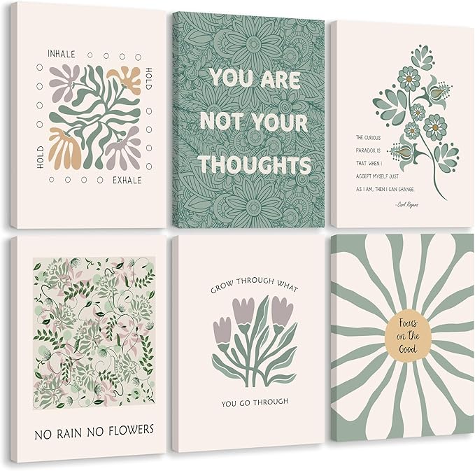 Mental Health Wall Art Therapy Office Canvas Wall Decor Green Motivational Posters Prints Boho Inspirational Quote Pictures Positive Psychology Artwork for Classroom 8x10 Inch Wrapped Canvas 6Pcs